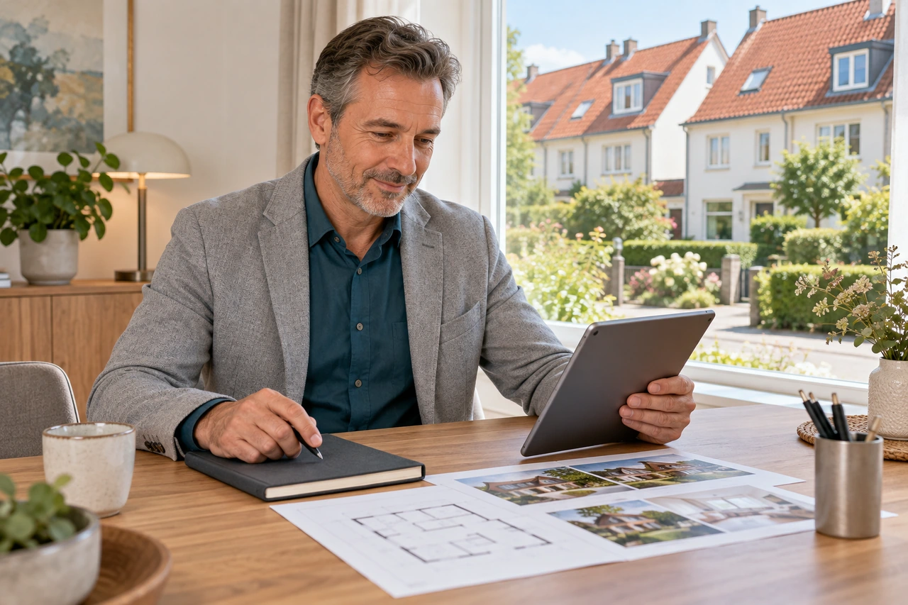 Berufserfahrener Mann bereitet mit Tablet und Notizbuch einen Immobilientermin vor