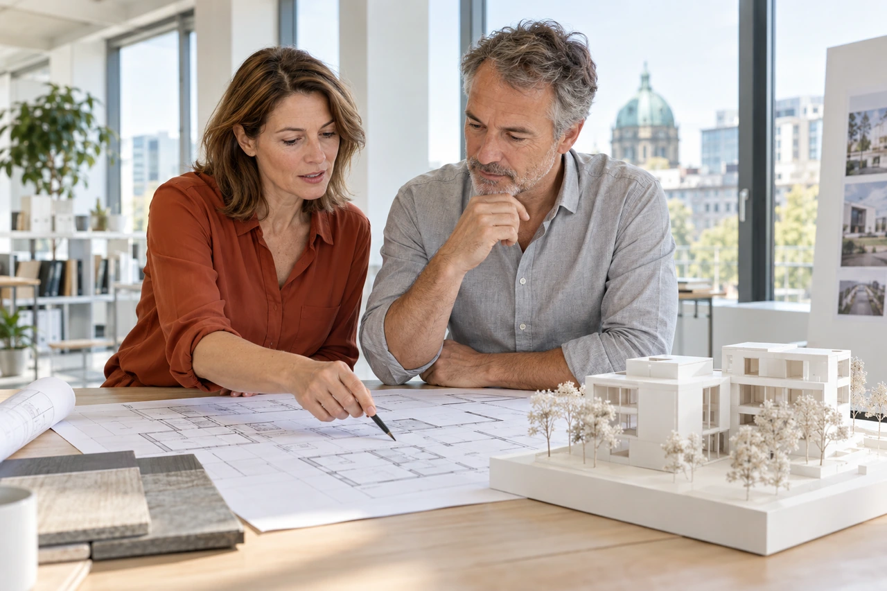 Zwei Berufserfahrene besprechen einen Gebäudegrundriss und ein Architekturmodell